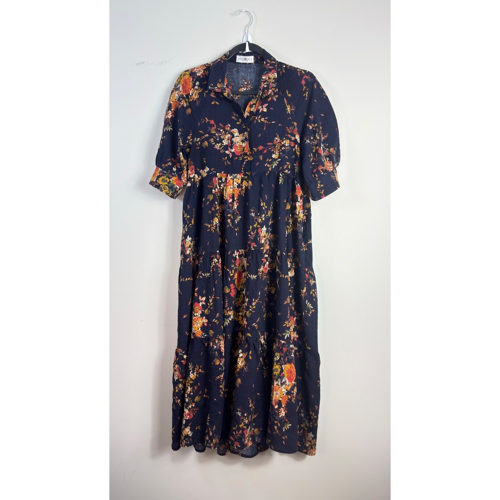 Natural Life Maxi Dress Navy Floral Tiered Button Front Womens Size Small Boho - Picture 2 of 11